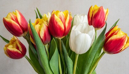 a group of red yellow and white tulip flowers and leaves in a vase isolated on a flat background