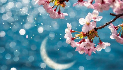 blossoms in bloom pink cherry blossom branches crystal blue water background crescent moon...