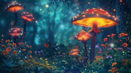Obraz na płótnie Canvas magical fairy garden with glowing mushrooms and flowers enchanting digital illustration