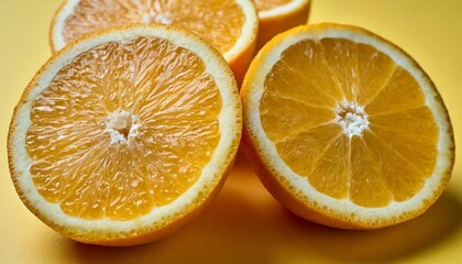 a vertical shot of slices of fresh orange on a yellow surface
