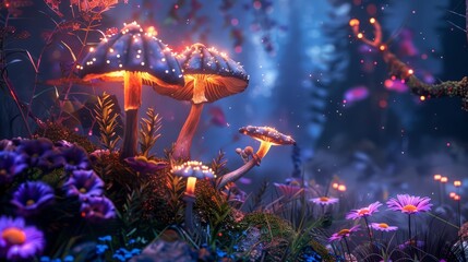 magical fairy garden with glowing mushrooms and flowers enchanting digital illustration