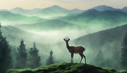 horizontal banner silhouette of deer doe fawn standing on hill forest and mountains in background magical misty landscape fog green illustration background - Powered by Adobe