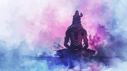 maha shivratri greeting card with meditating lord shiva silhouette watercolor style illustration - obrazy, fototapety, plakaty