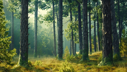 The scent of pine trees filled the air as they hiked through the forest - obrazy, fototapety, plakaty