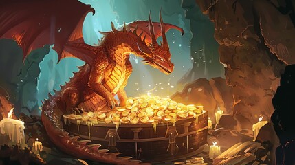 majestic dragon perched atop a treasure hoard in a candlelit cave digital painting