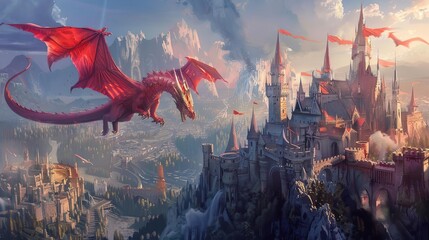 majestic dragon soaring over medieval castle with towering spires and billowing flags fantasy digital painting - obrazy, fototapety, plakaty