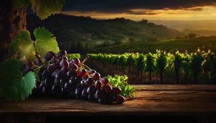 grape bunches on wooden table with vineyard views background for products montage healthy food collection for represent concept of organic fruits fresh ingredient food and wellness theme - obrazy, fototapety, plakaty