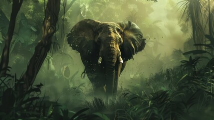 majestic elephant walking through a lush misty jungle realistic digital wildlife painting - obrazy, fototapety, plakaty