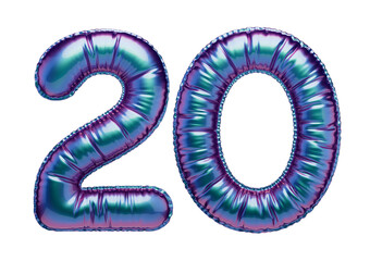 20. Glossy blue-green inflatable balloon with the digit twenty. Holographic volumetric numbers isolated on a transparent background. For anniversaries, birthdays, sales, greeting cards.