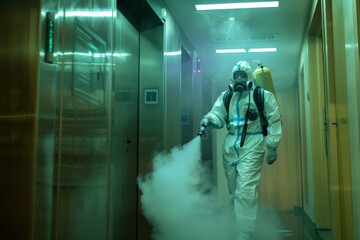 A sanitation worker in protective gear thoroughly disinfecting an elevator with spray. Disinfection Service Worker Spraying in Elevator - obrazy, fototapety, plakaty