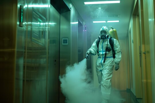 A sanitation worker in protective gear thoroughly disinfecting an elevator with spray. Disinfection Service Worker Spraying in Elevator