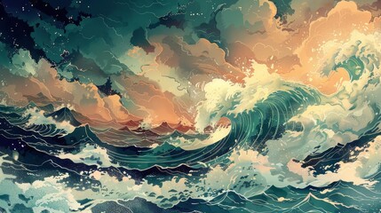 majestic great wave in stormy ocean japanesestyle illustration wallpaper