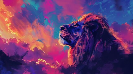 majestic lion against vibrant sunset sky powerful wildlife digital painting in warm colors - obrazy, fototapety, plakaty
