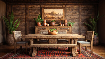 Interior of a rustic living room with wooden table and chairs - obrazy, fototapety, plakaty
