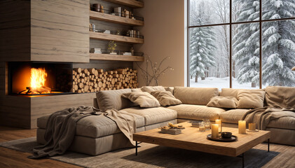 Cozy living room interior with fireplace, coffee table and comfortable sofa. 3d render