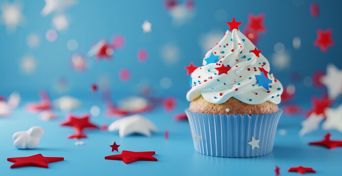 3D rendering on cupcake decorated with red, white and blue stars with bokeh. Holiday concept for 4th of July, President's Day, Independence Day, US National Day, Labor Day, Fourth of July