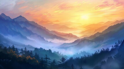 majestic sunrise over misty mountains breathtaking landscape digital painting natures splendor - obrazy, fototapety, plakaty