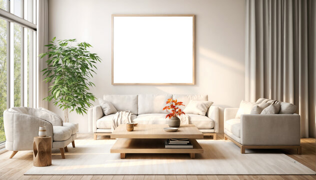 Interior of living room with sofa, coffee table and plant. 3d rendering