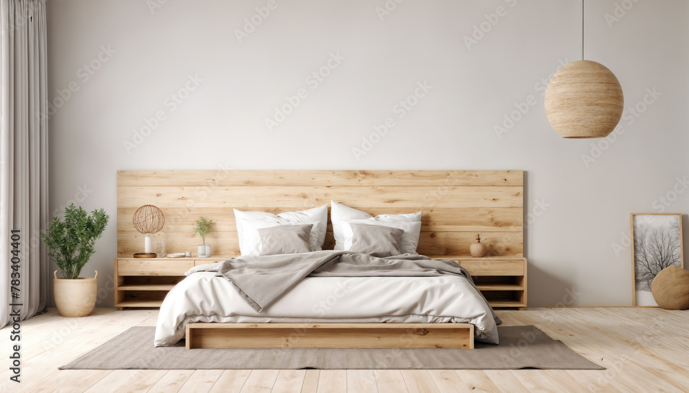 Wall mural modern bedroom interior design with wooden bed. 3d rendering mock up