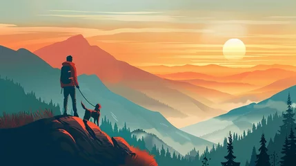 Foto op Plexiglas Warm oranje man and dog hiking in breathtaking mountain landscape outdoor adventure illustration
