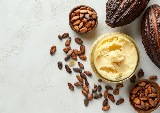 Cocoa butter in cosmetic jar, cocoa fruits with beans on the light gray background. Top view with copy space for text