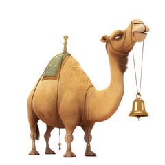 A animated camel expresses discontent while a tiny bell hangs from its back in a humorous gesture, set against a plain transparent background. - obrazy, fototapety, plakaty