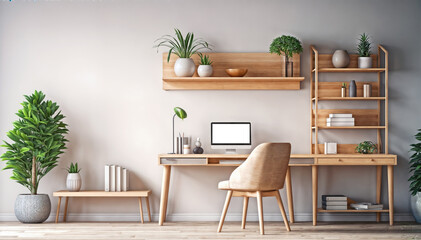Interior of modern home office with wooden desk and computer. Workplace concept. 3D Rendering