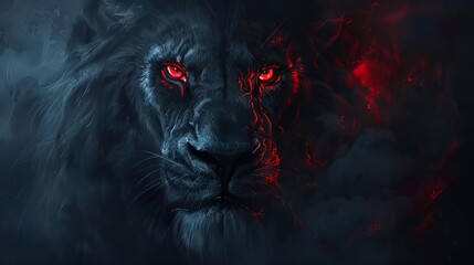 menacing lion emerges from darkness glowing red eyes piercing the night horror digital art illustration - obrazy, fototapety, plakaty
