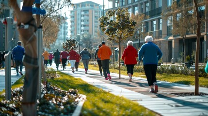 Active senior citizens enjoying a morning jog together in a beautiful city park under the warm sun. A diverse group of senior individuals, exuding joy and vitality, jog in a sunny park. 