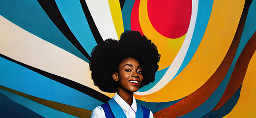 An artistic portrait of a confident, smiling woman of color with a bold, swirling, psychedelic...