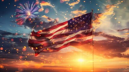An American flag waving in the wind with fireworks lighting up the sky behind it. Holiday concept for 4th of July, President's Day, Independence Day, US National Day, Labor Day, Fourth of July - obrazy, fototapety, plakaty