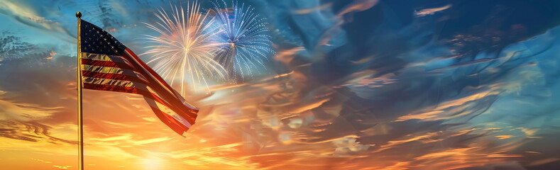 Photo of the American flag waving in the wind with fireworks at sunset in the background, banner design. Wide angle lens photorealistic daylight scene. 4th of July, President's Day, Independence Day