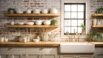 Interior of modern kitchen with white brick wall and wooden countertop