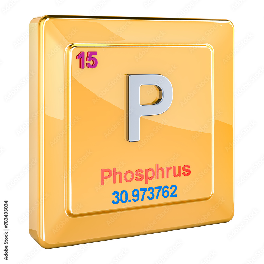Aufkleber phosphorus p, chemical element sign with number 15 in periodic table. 3d rendering isolated on trans