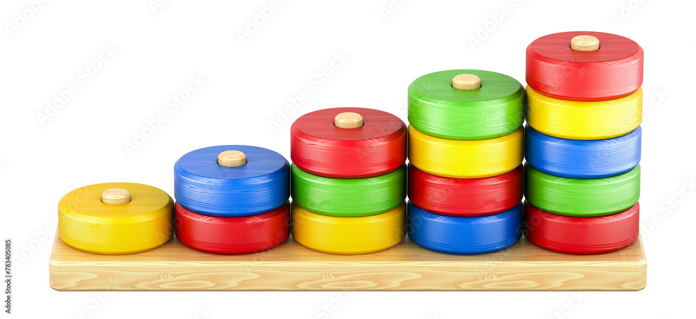 Poster wooden colored stacking rings from 1 to 5, 3d rendering isolated on transparent background