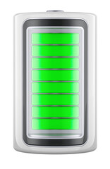 Fully Charged Battery, front view. 3D rendering isolated on transparent background