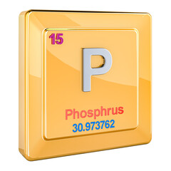 Phosphorus P, chemical element sign with number 15 in periodic table. 3D rendering isolated on transparent background