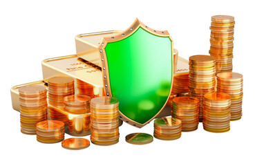 Golden coins and gold ingots with shield. 3D rendering isolated on transparent background