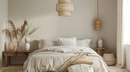 minimalist beige bedroom interior with wooden accents and plush bedding serene and cozy scandinavian design 3d render