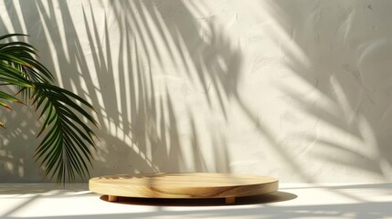 Fototapeta na wymiar minimal wooden podium with green palm leaf and sunlight natural product display background