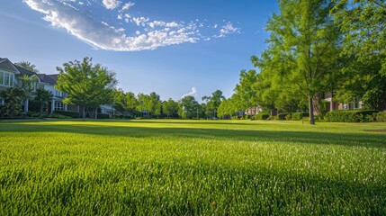 Immerse yourself in our minimalist landscape with a manicured lawn and blue sky backdrop