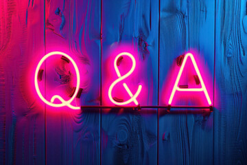 illuminated neon q&a question and answer  sign on wooden backdrop in pink and blue hues