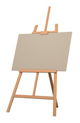 Wood Art Easel Stand with a blank canvas on it, 3D rendering isolated on transparent background