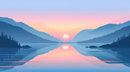 minimalistic flat vector illustration of peaceful sunrise over tranquil lake