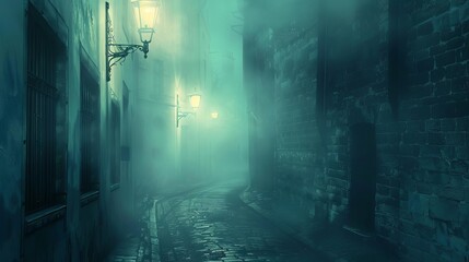 Naklejka premium misty alley with lone streetlamp illuminating the path mysterious urban atmosphere concept illustration