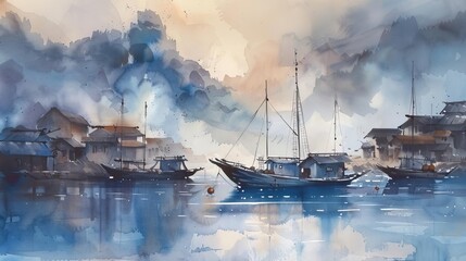 misty morning in coastal fishing village boats silhouettes watercolor painting - obrazy, fototapety, plakaty