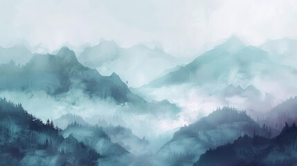 misty mountains shrouded in ethereal fog dreamy landscape vista muted pastel hues digital painting