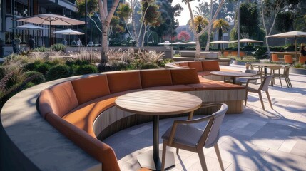 upscale design firm with curved seating and wooden tables.