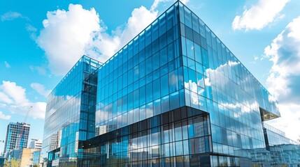 modern business center with sleek glass facades reflecting the sky and urban environment representing corporate growth and future aspirations - obrazy, fototapety, plakaty