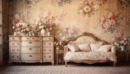 Vintage interior of a room with old furniture and floral wallpapers